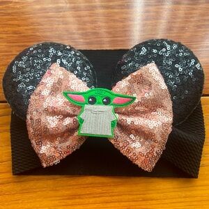 Adorable Custom Handmade Baby Disney Mickey Ears Baby Yoda Rose Gold Bow 6-12M